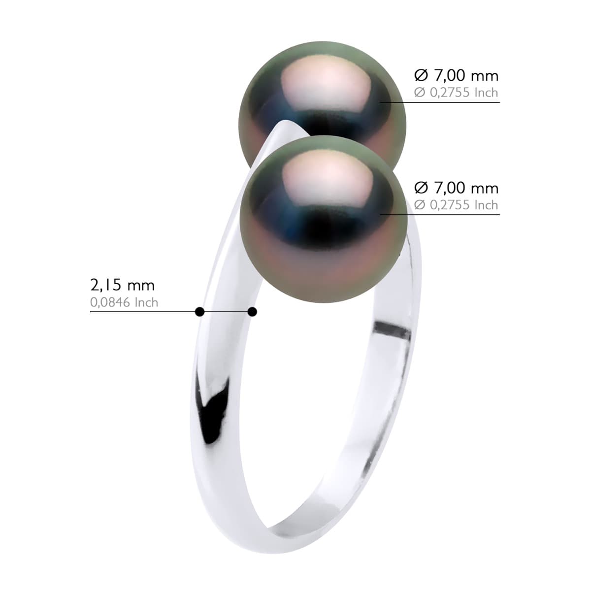 Bague Toi & Moi Véritables Perles de Tahiti Rondes 8-9 mm — Argent 925 Millièmes Rhodié 2