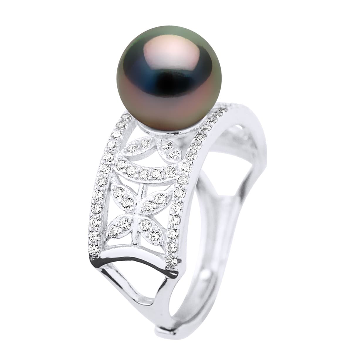 Bague Jonc Véritable Perle de Tahiti Ronde 9-10 mm — Argent 925 Millièmes Rhodié 1