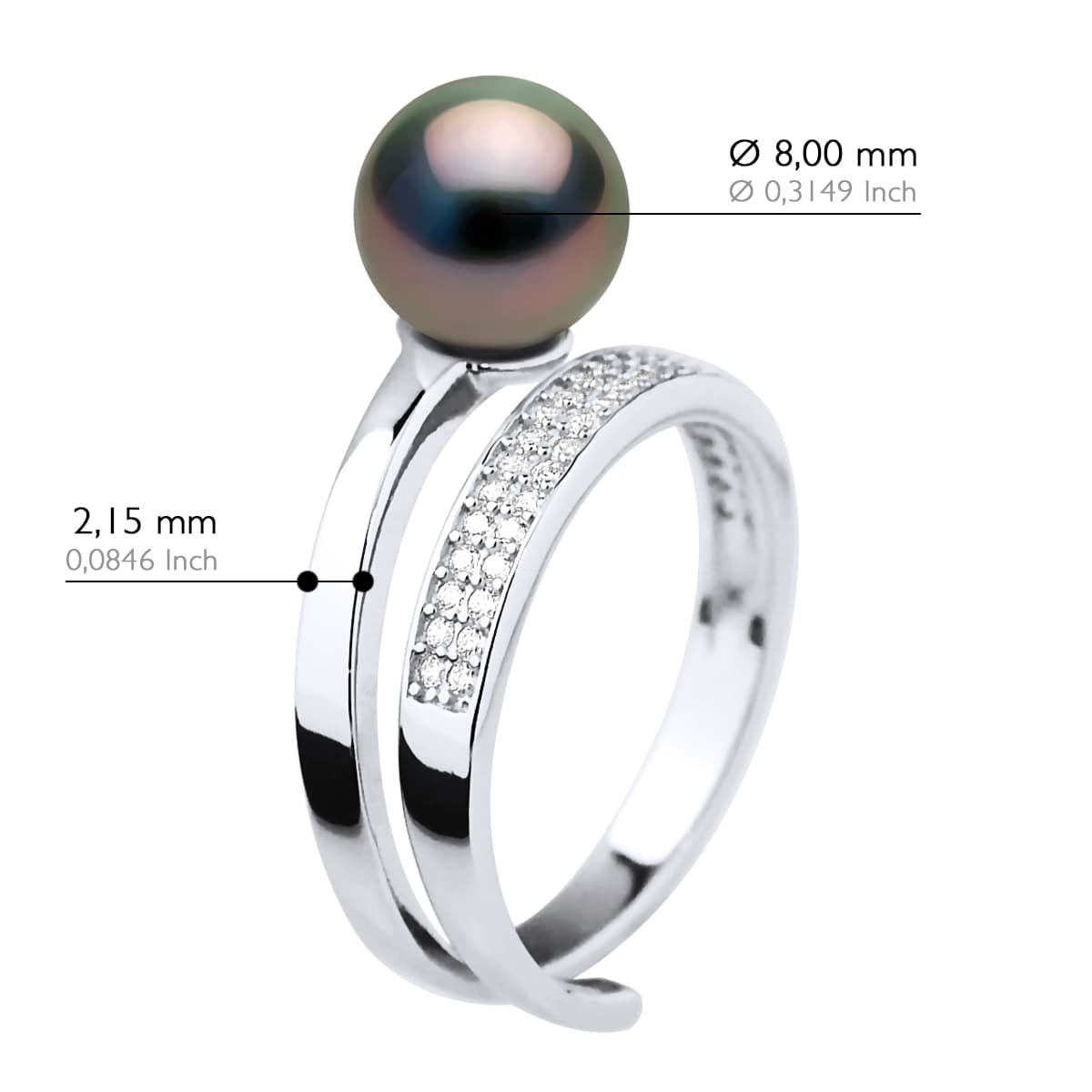 Bague Jonc Véritable Perle de Tahiti Ronde 8-9 mm — Argent 925 Millièmes Rhodié 2