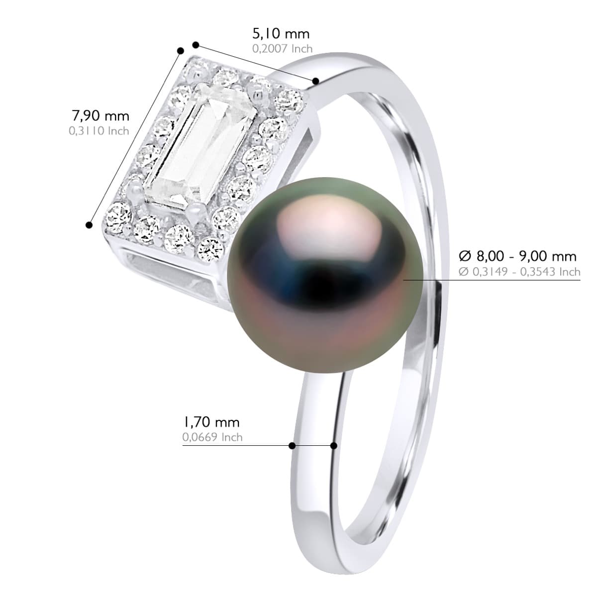 Bague Véritable Perle de Tahiti Ronde 8-9 mm — Argent 925 Millièmes Rhodié 2