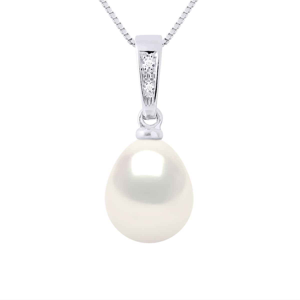 Pendentif Véritable Perle d'Eau Douce Poire 8-9 mm Diamants 0.01 ct — Or Blanc 375 Millièmes 1