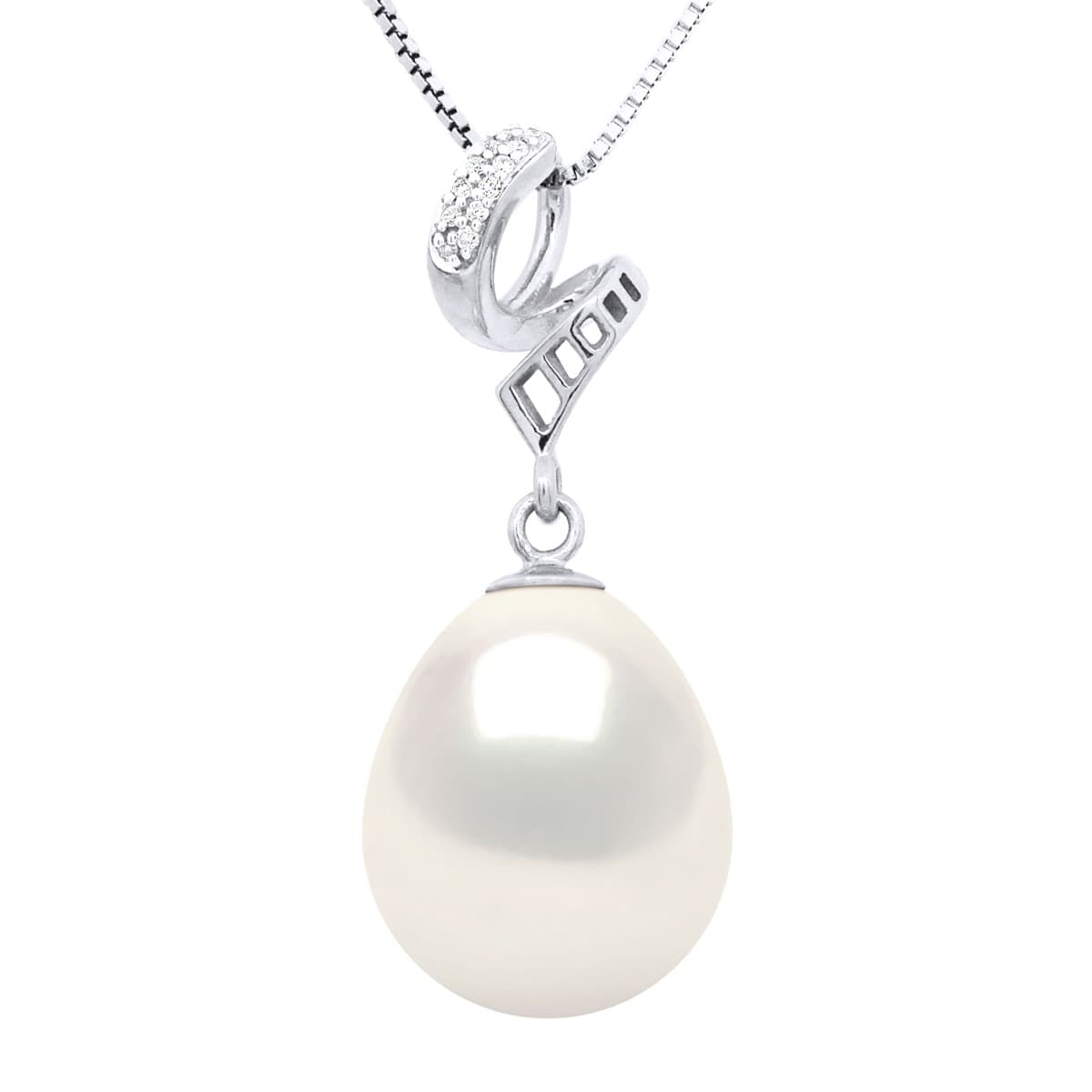 Collier Véritable Perle d'Eau Douce Poire 11-12 mm Diamants 0.03 ct — Or Blanc 375 Millièmes — 42 cm 1