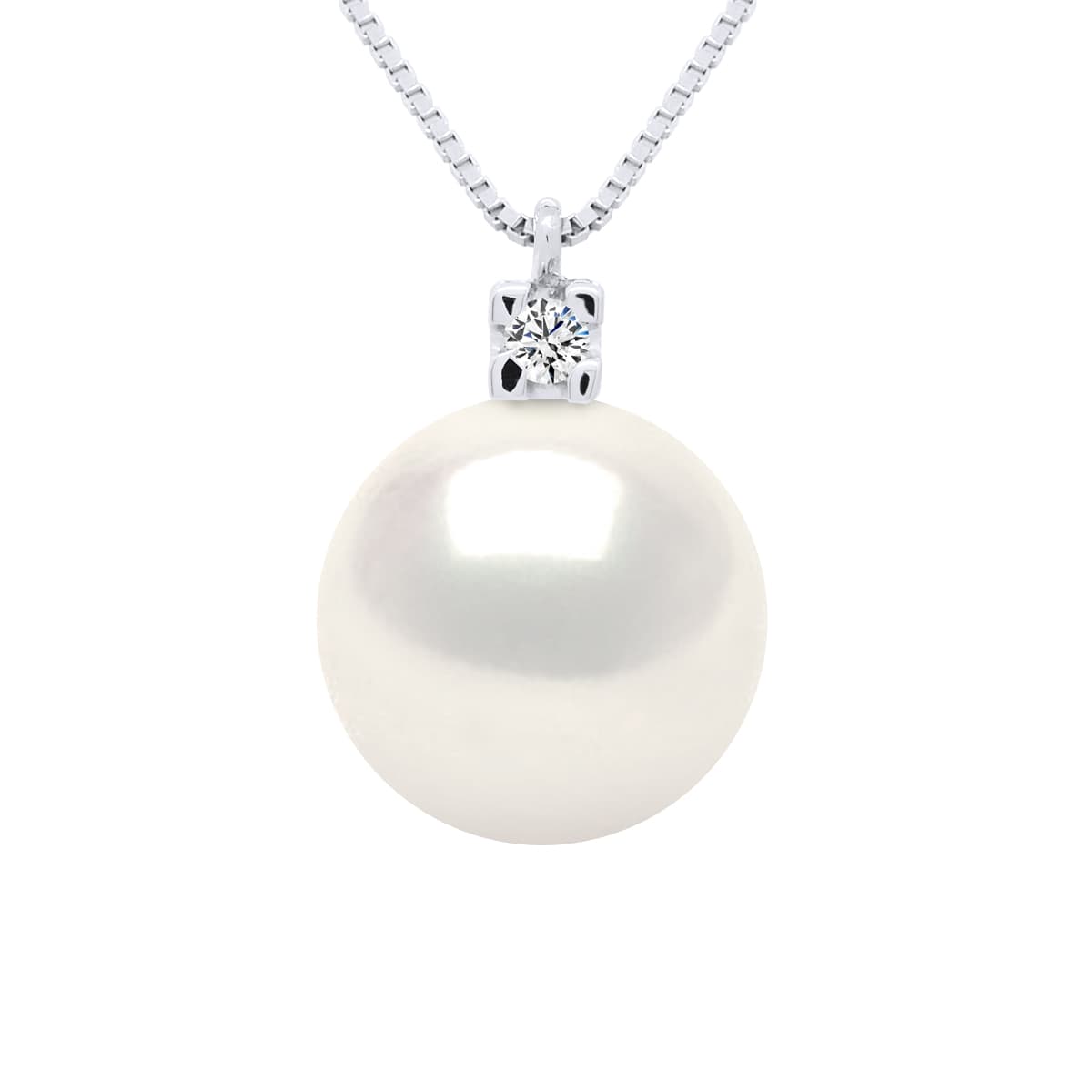 Collier Véritable Perle d'Eau Douce Ronde 10-11 mm Diamants 0.02 ct — Or Blanc 750 Millièmes — 42 cm 1