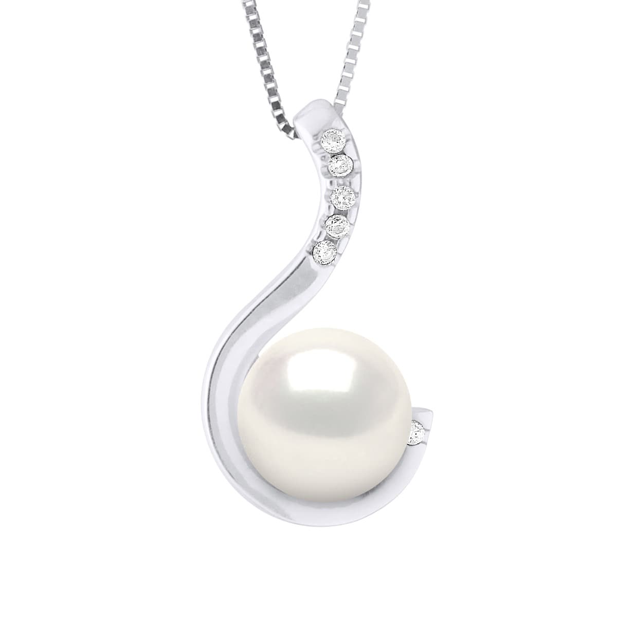 Collier Véritable Perle d'Eau Douce Ronde 9-10 mm Diamants 0.02 ct — Or Blanc 375 Millièmes — 42 cm 1