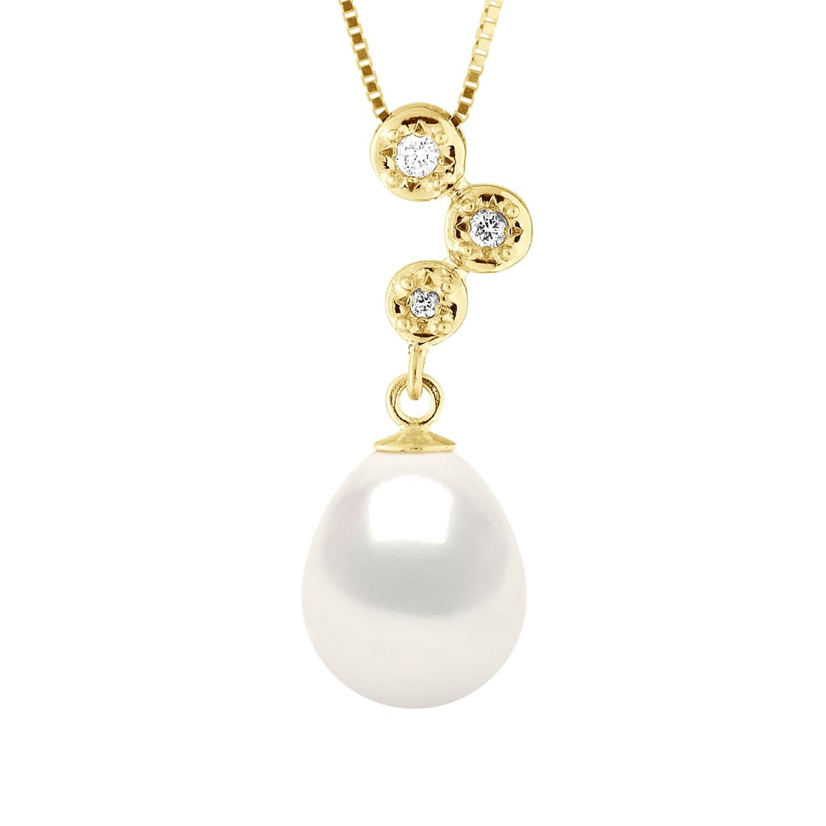 Collier Véritable Perle d'Eau Douce Poire 9-10 mm Diamants 0.06 ct — Or Jaune 375 Millièmes — 42 cm 1