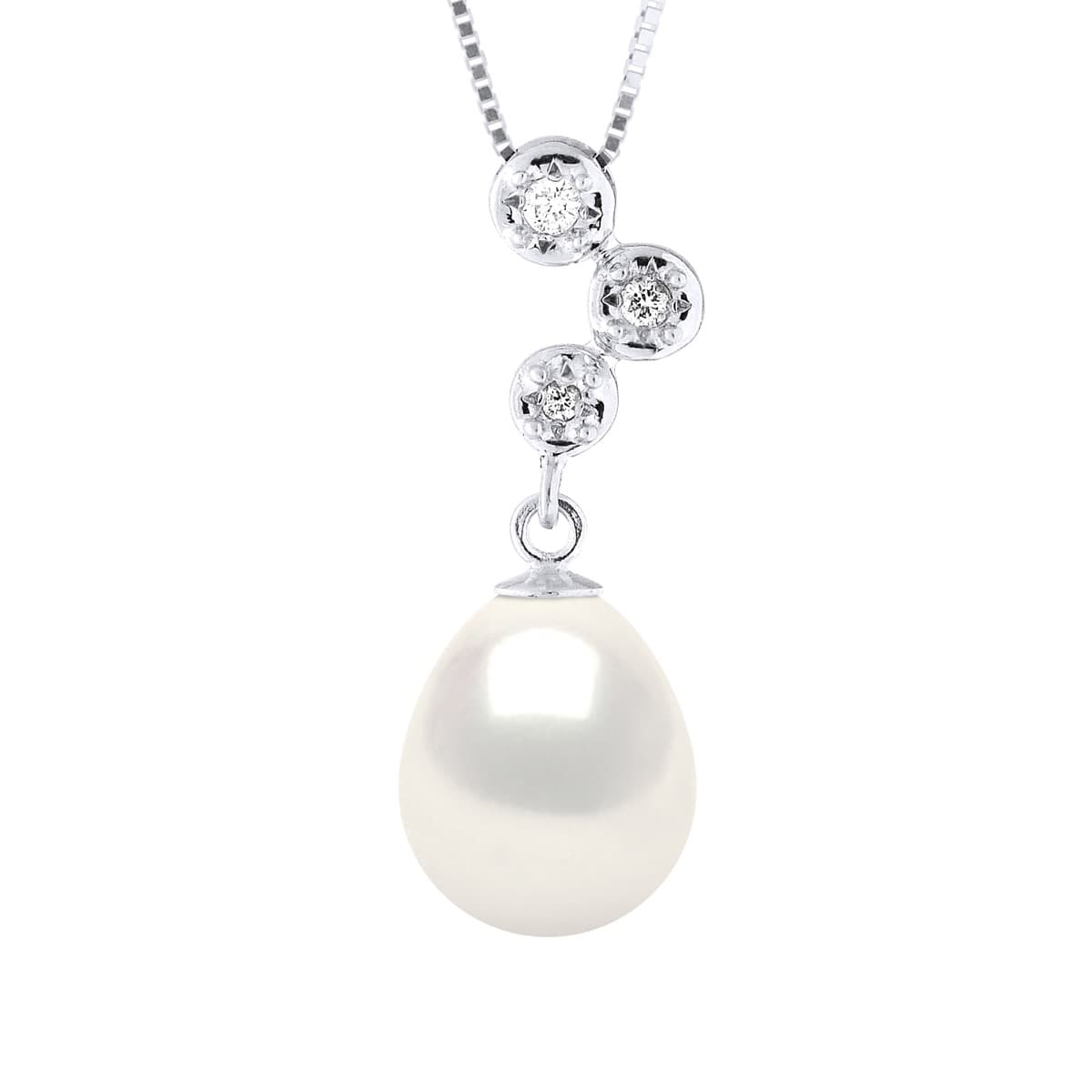 Collier Véritable Perle d'Eau Douce Poire 9-10 mm Diamants 0.06 ct — Or Blanc 375 Millièmes — 42 cm 1