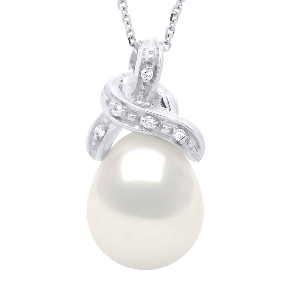 Collier Véritable Perle de Tahiti Poire 9-10 mm Diamants 0.04 ct — Or Blanc 750 Millièmes — 42 cm 1