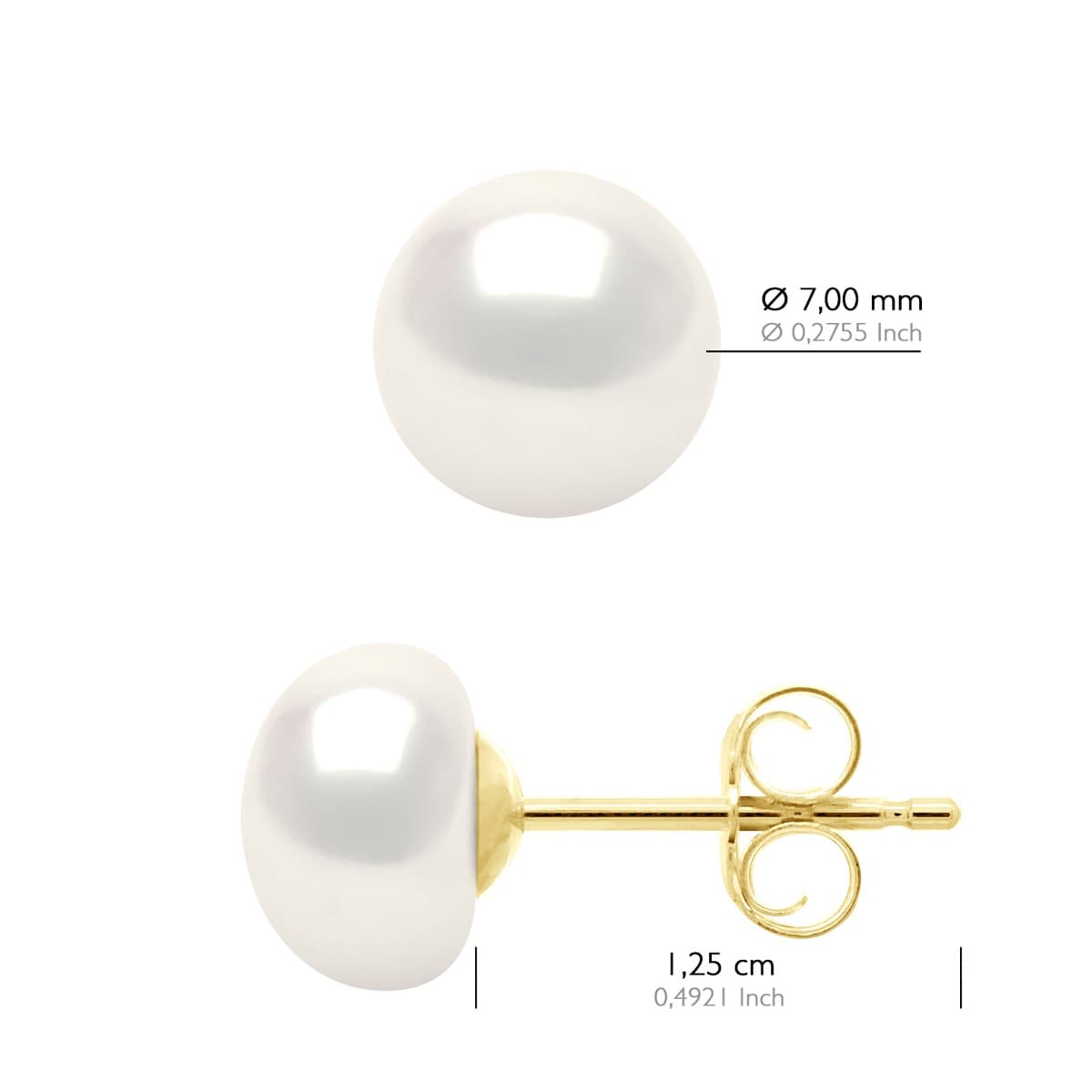 Boucles d'Oreilles Véritables Perles d'Eau Douce Bouton 7-8 mm — Or Jaune 375 Millièmes 2