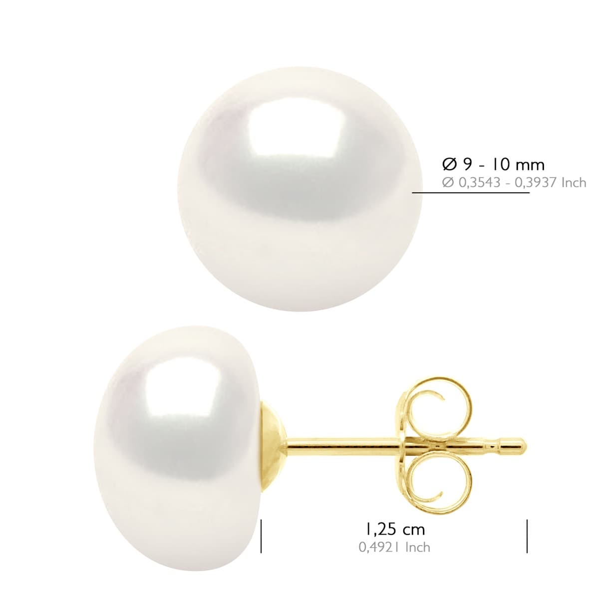 Boucles d'Oreilles Véritables Perles d'Eau Douce Bouton 9-10 mm — Or Jaune 375 Millièmes 2
