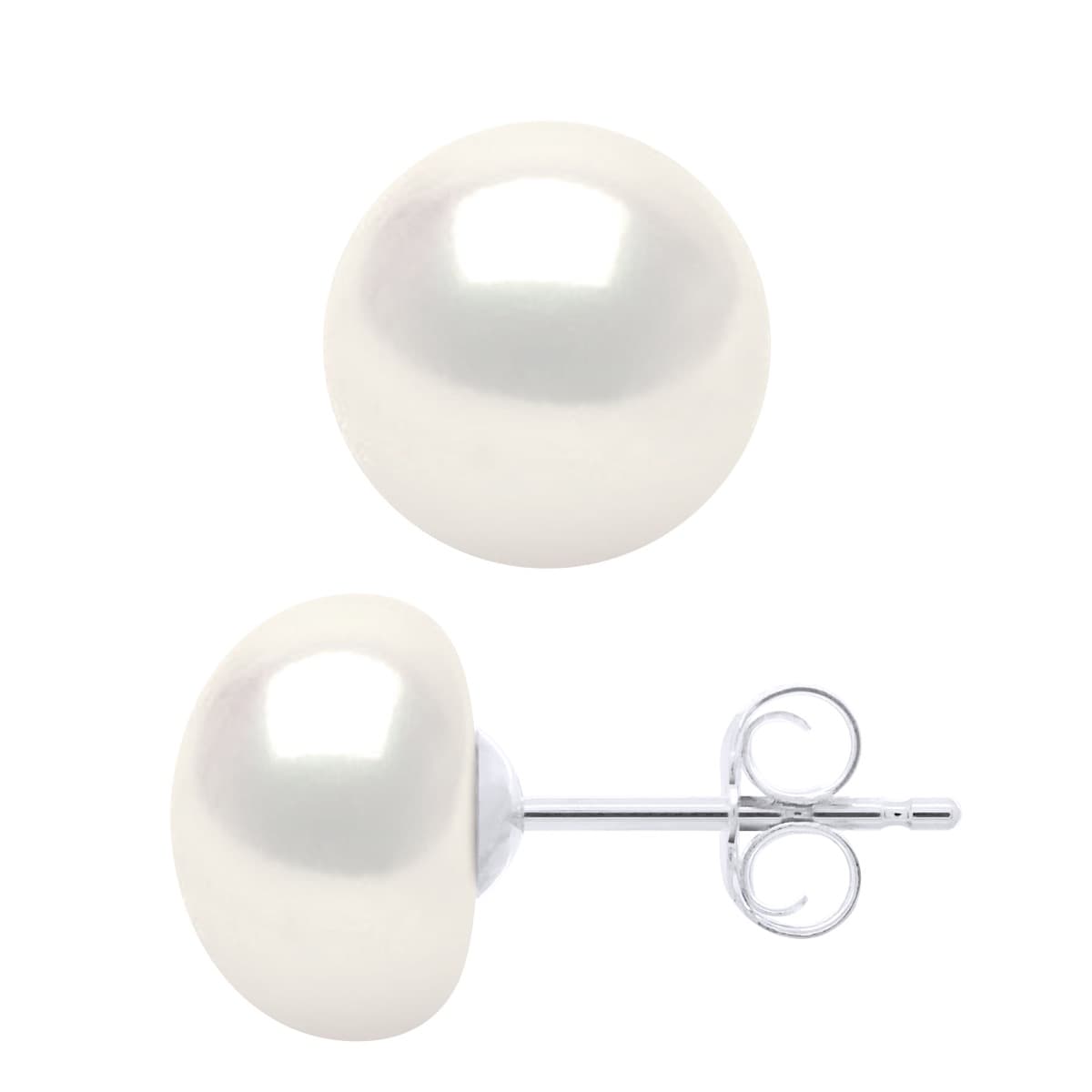 Boucles d'Oreilles Véritables Perles d'Eau Douce Bouton 9-10 mm — Or Blanc 375 Millièmes 1