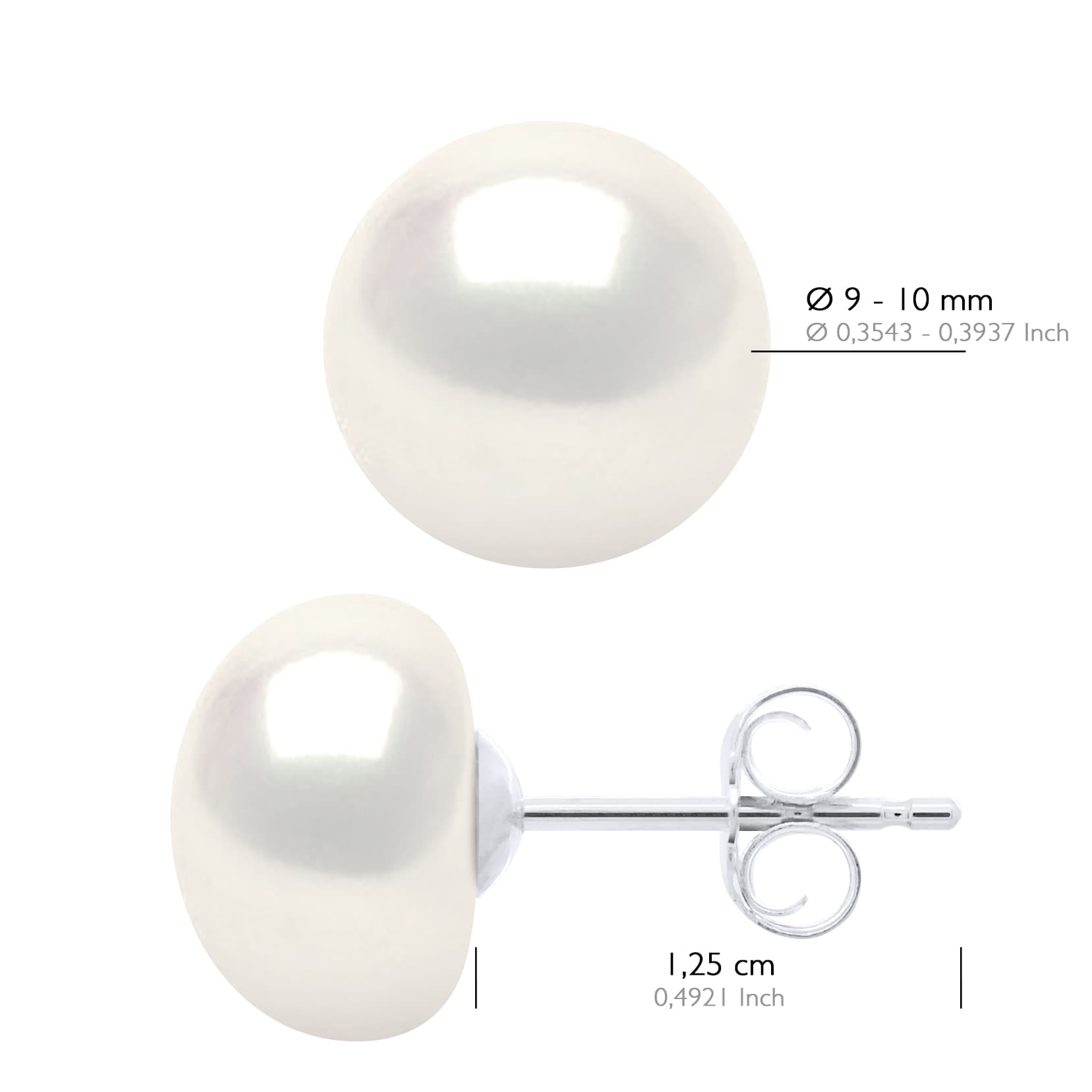 Boucles d'Oreilles Véritables Perles d'Eau Douce Bouton 9-10 mm — Or Blanc 375 Millièmes 2