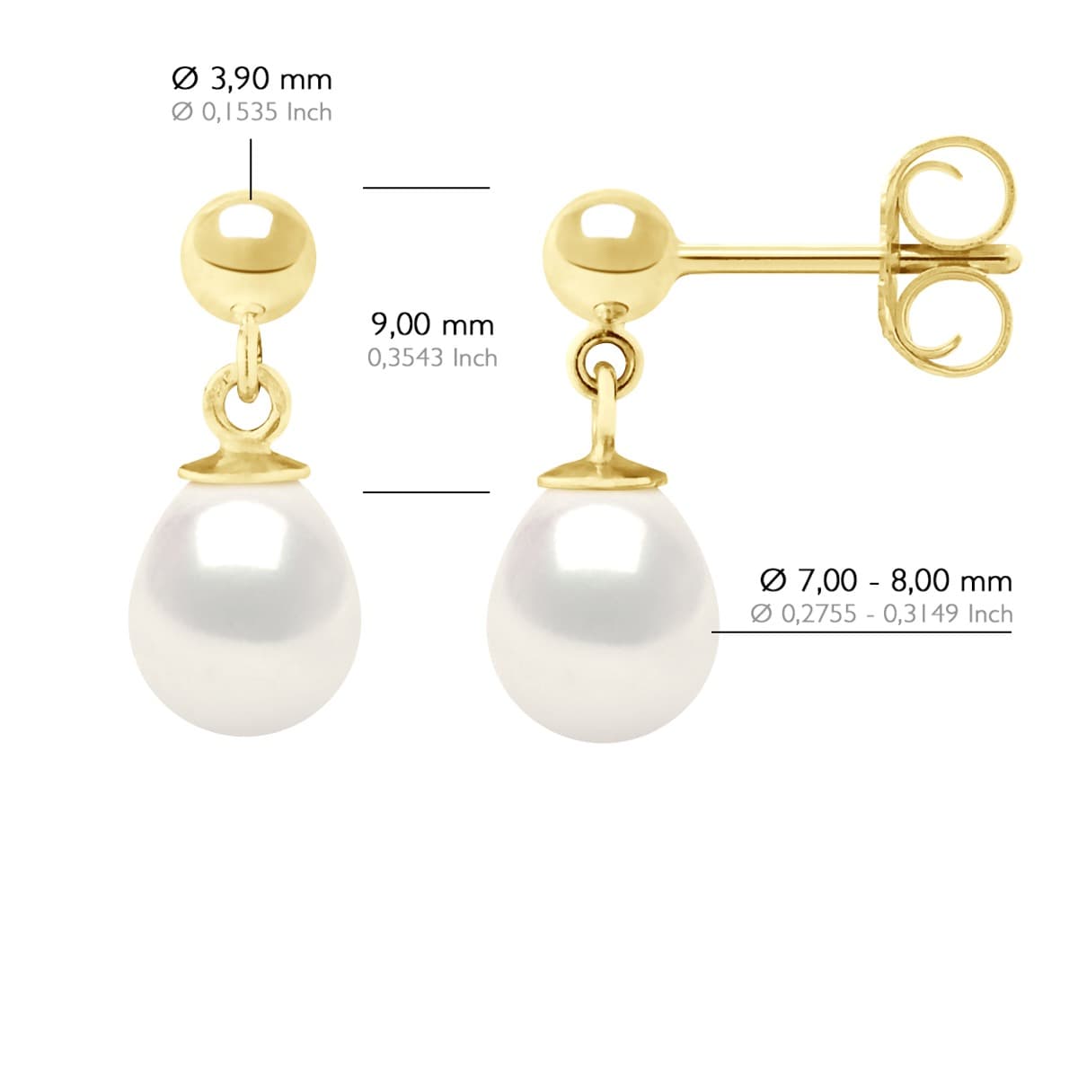 Boucles d'Oreilles Véritables Perles d'Eau Douce Poires 7-8 mm — Or Jaune 375 Millièmes 2