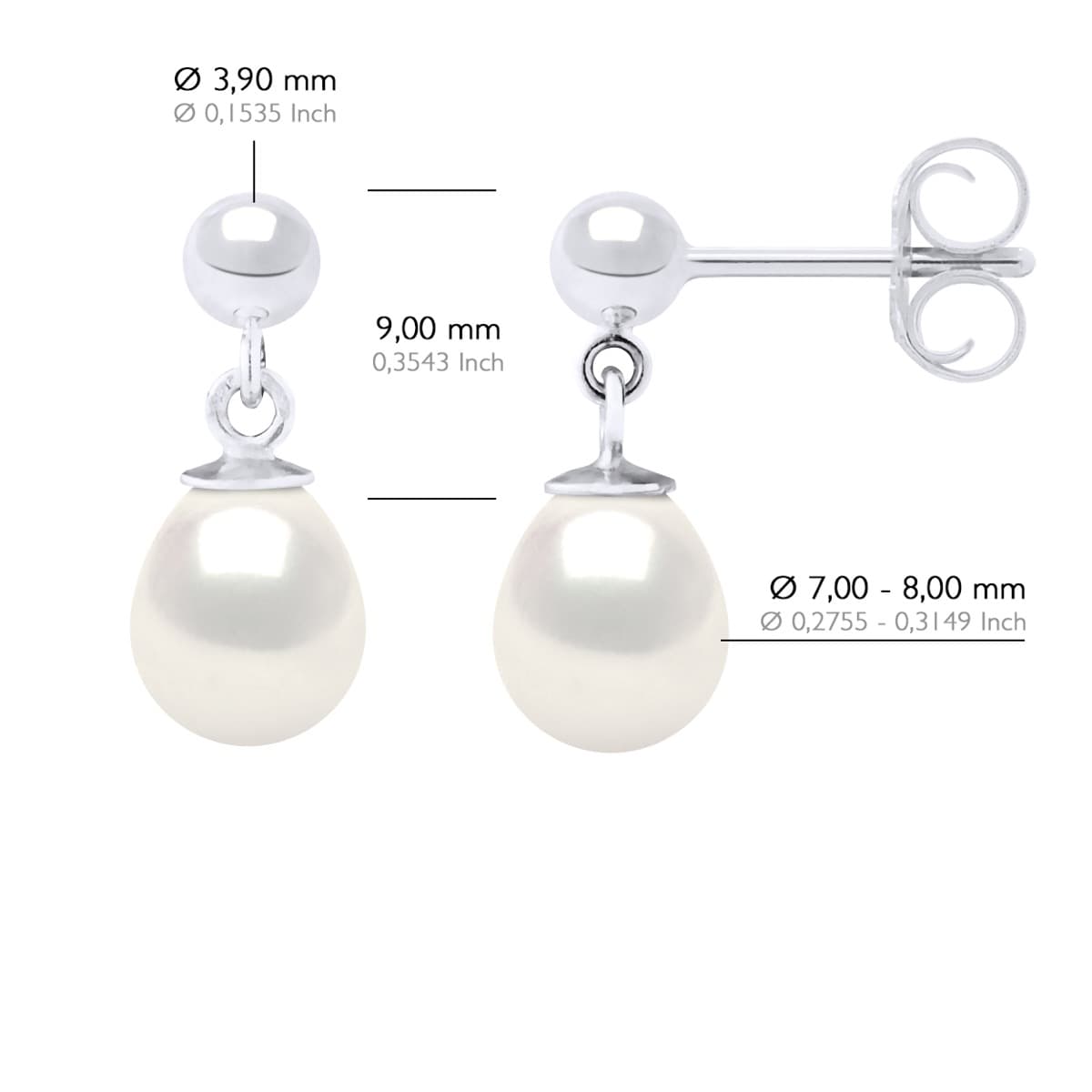 Boucles d'Oreilles Véritables Perles d'Eau Douce Poires 7-8 mm — Or Blanc 375 Millièmes 2