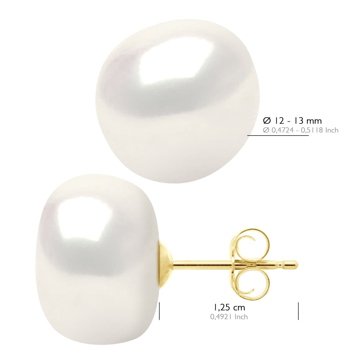Boucles d'Oreilles Véritables Perles d'Eau Douce Baroques 12-13 mm — Or Jaune 375 Millièmes 2