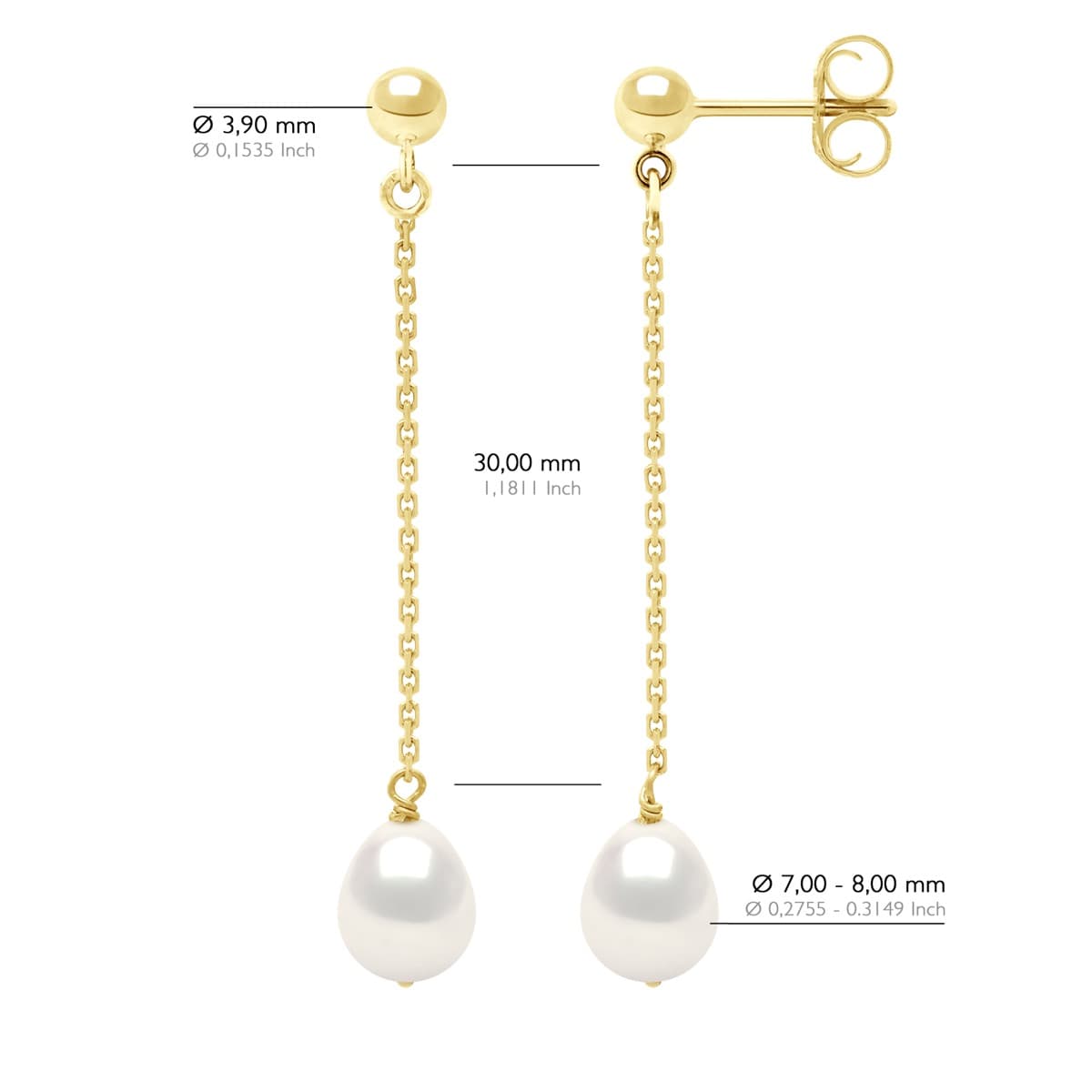 Boucles d'Oreilles Véritables Perles d'Eau Douce Poires 7-8 mm — Or Jaune 375 Millièmes 2