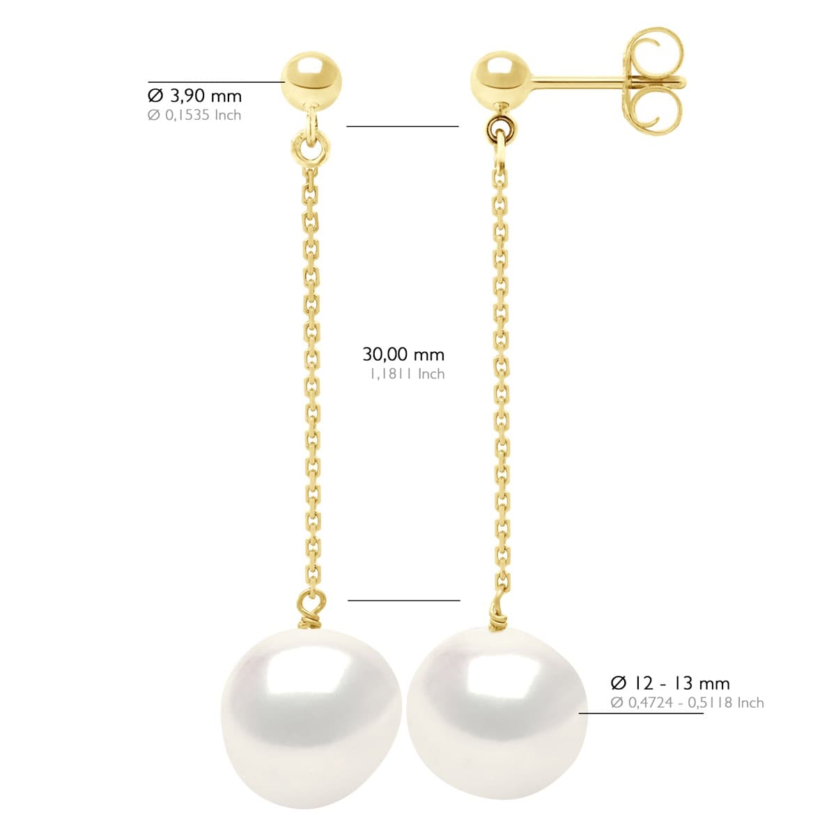Boucles d'Oreilles Véritables Perles d'Eau Douce Baroques 11-12 mm — Or Jaune 375 Millièmes 3