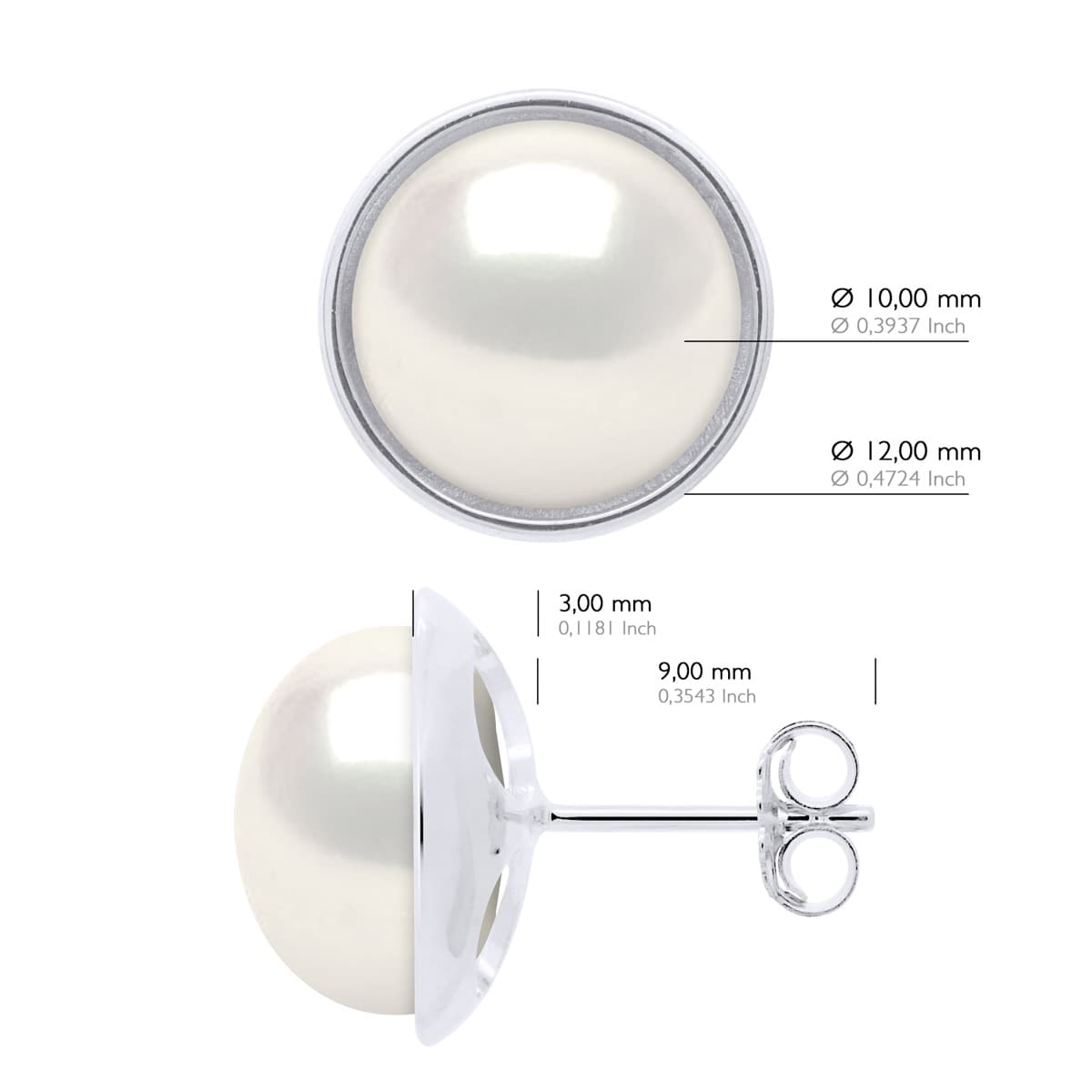 Boucles d'Oreilles Véritables Perles d'Eau Douce Bouton 10-11 mm — Or Blanc 375 Millièmes 2