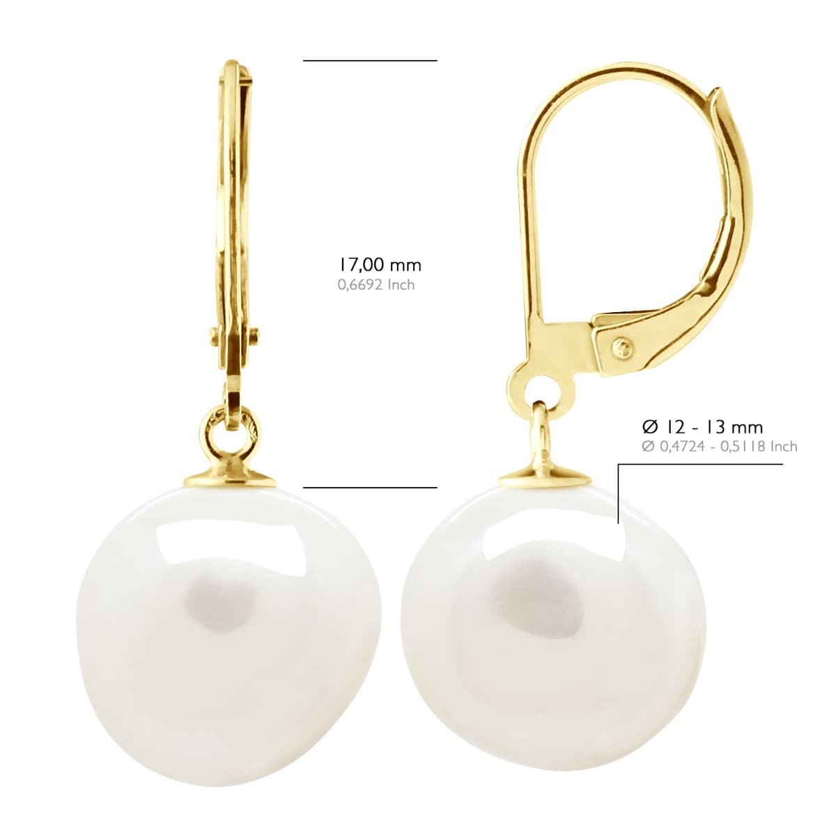 Boucles d'Oreilles Véritables Perles d'Eau Douce Baroques 12-13 mm — Or Jaune 375 Millièmes 2