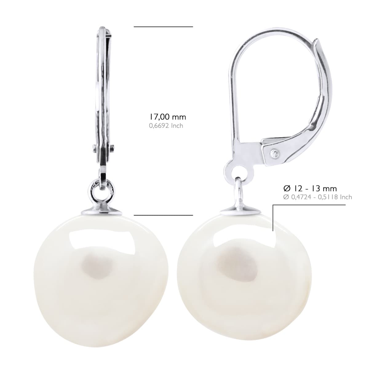 Boucles d'Oreilles Véritables Perles d'Eau Douce Baroques 12-13 mm — Or Blanc 375 Millièmes 2