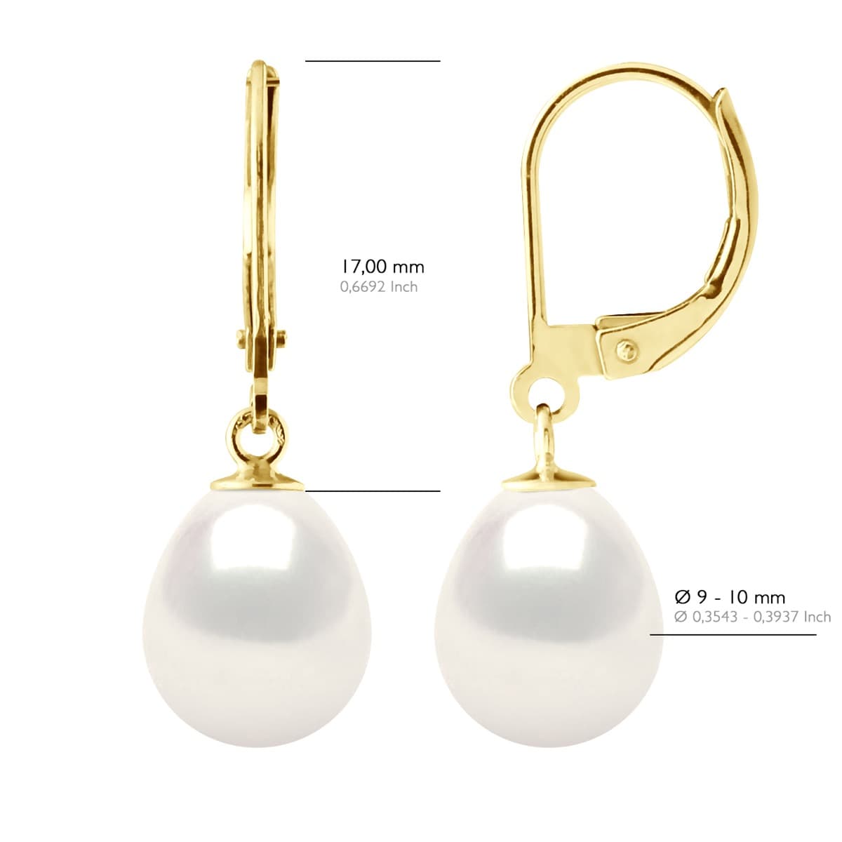 Boucles d'Oreilles Véritables Perles d'Eau Douce Poires 9-10 mm — Or Jaune 375 Millièmes 2