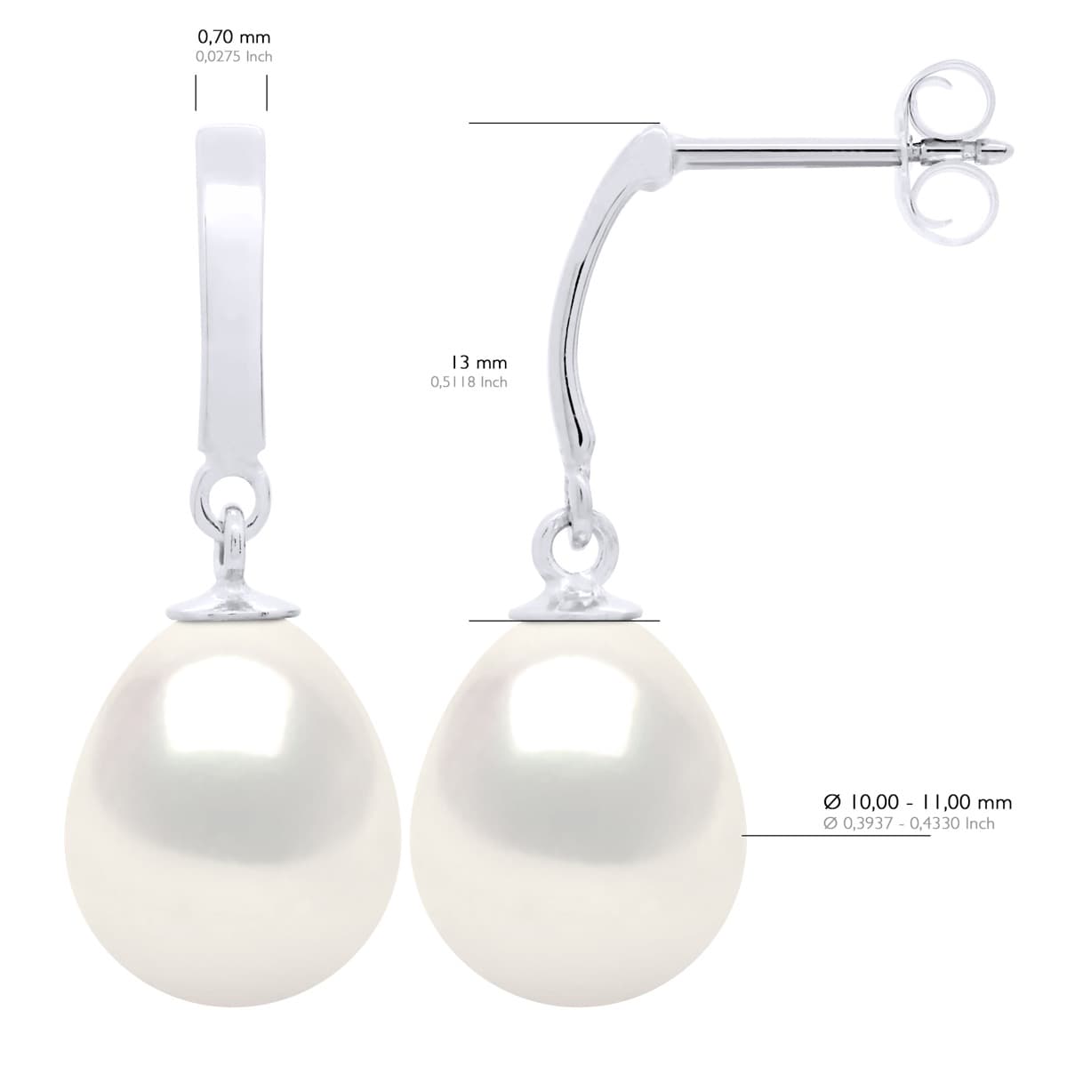Boucles d'Oreilles Véritables Perles d'Eau Douce Poires 10-11 mm — Or Blanc 375 Millièmes 2