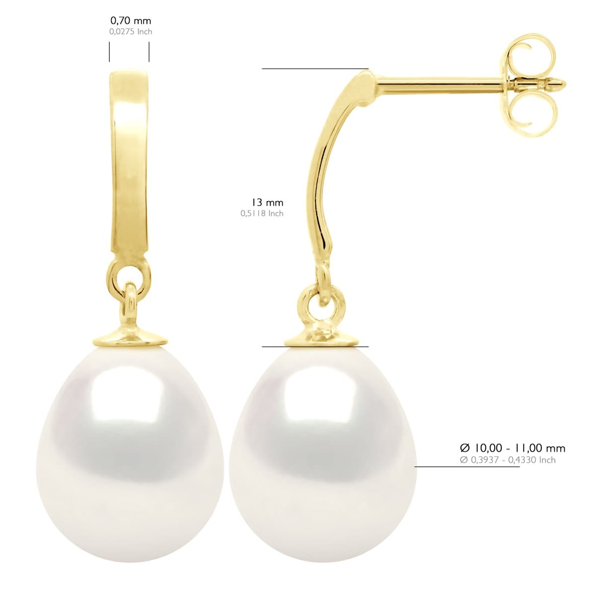 Boucles d'Oreilles Véritables Perles d'Eau Douce Poires 10-11 mm — Or Jaune 375 Millièmes 2