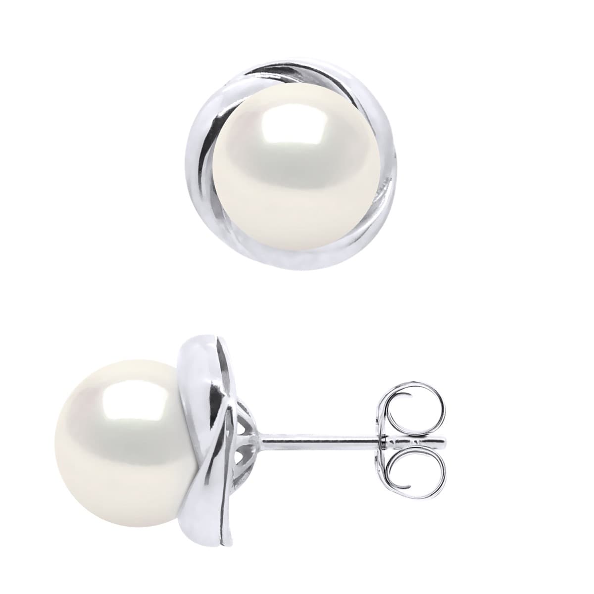 Boucles d'Oreilles Véritables Perles d'Eau Douce Rondes — Or Blanc 375 Millièmes 2