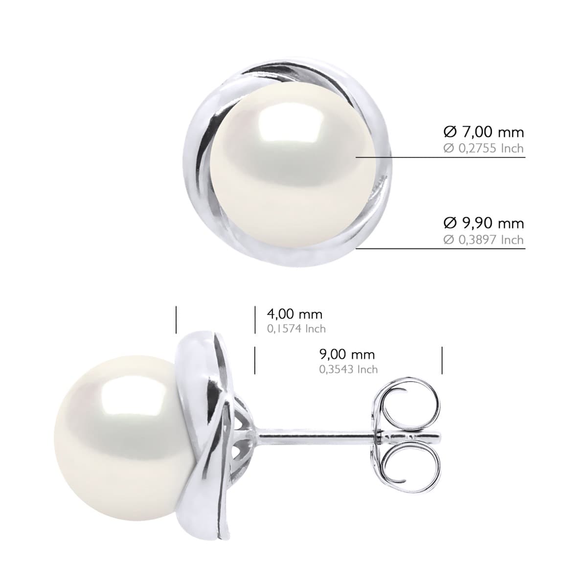 Boucles d'Oreilles Véritables Perles d'Eau Douce Rondes — Or Blanc 375 Millièmes 3