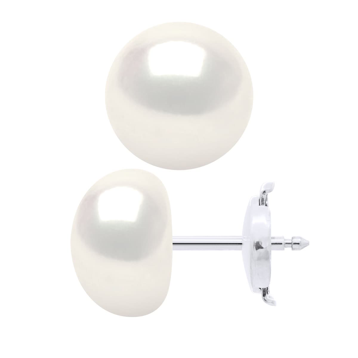 Boucles d'Oreilles Véritables Perles d'Eau Douce Bouton 9-10 mm — Or Blanc 375 Millièmes 2