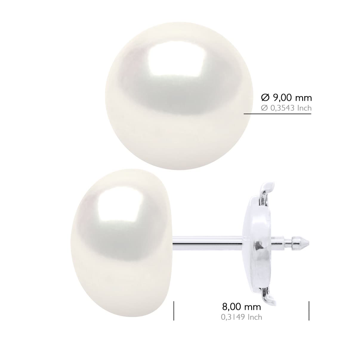 Boucles d'Oreilles Véritables Perles d'Eau Douce Bouton 9-10 mm — Or Blanc 375 Millièmes 3