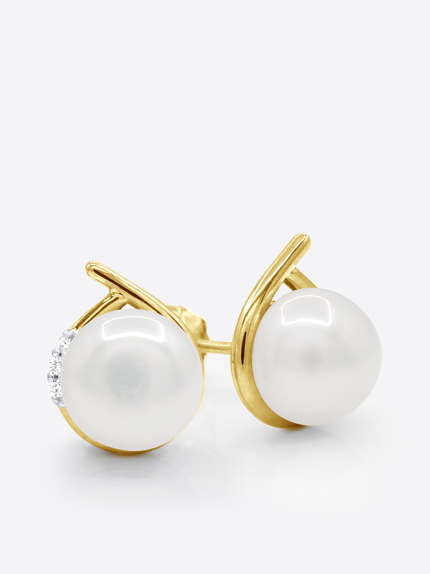Boucles d'Oreilles Véritables Perles d'Eau Douce 7-8 mm Diamants 0.06 ct — Or Jaune 375 Millièmes 1