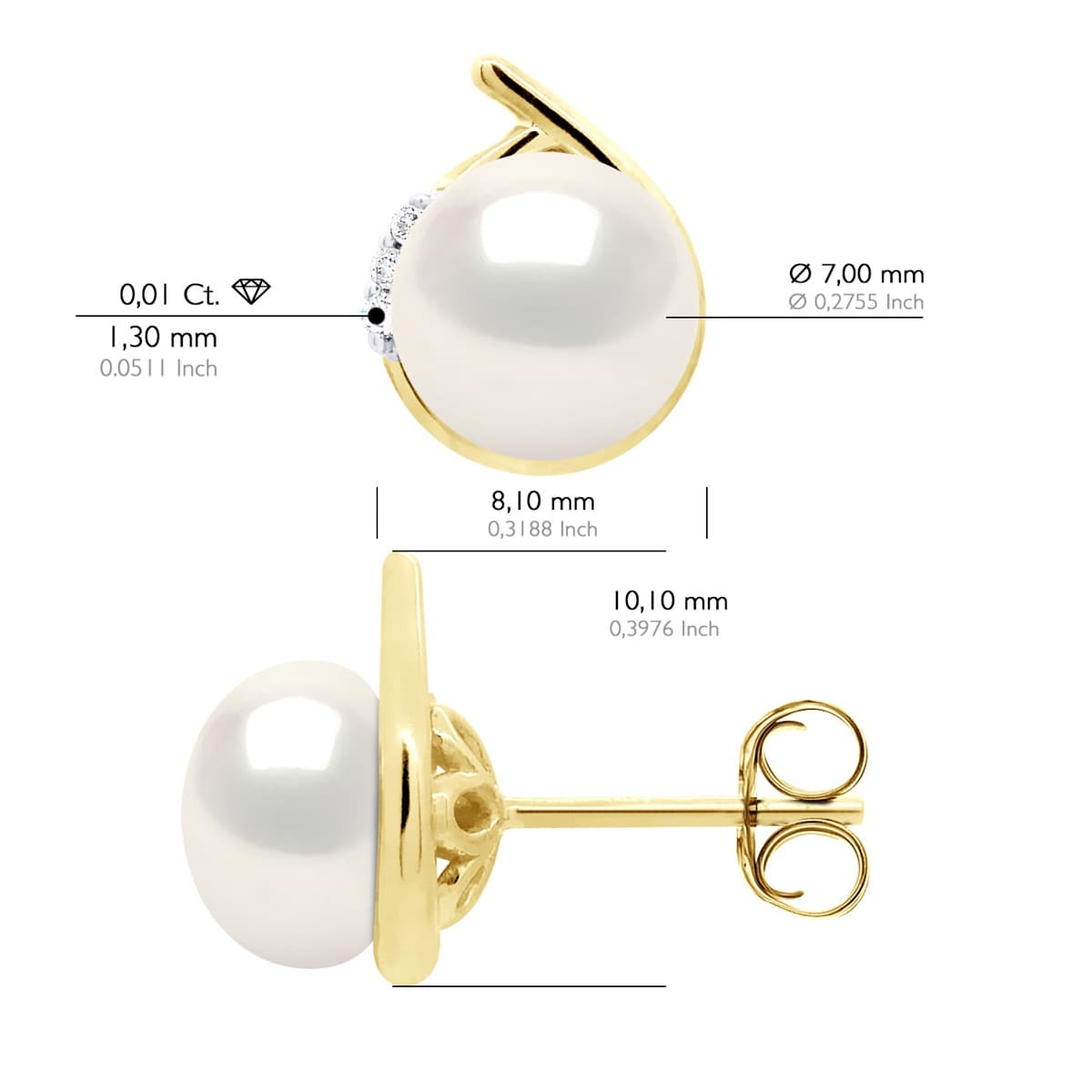 Boucles d'Oreilles Véritables Perles d'Eau Douce 7-8 mm Diamants 0.06 ct — Or Jaune 375 Millièmes 2