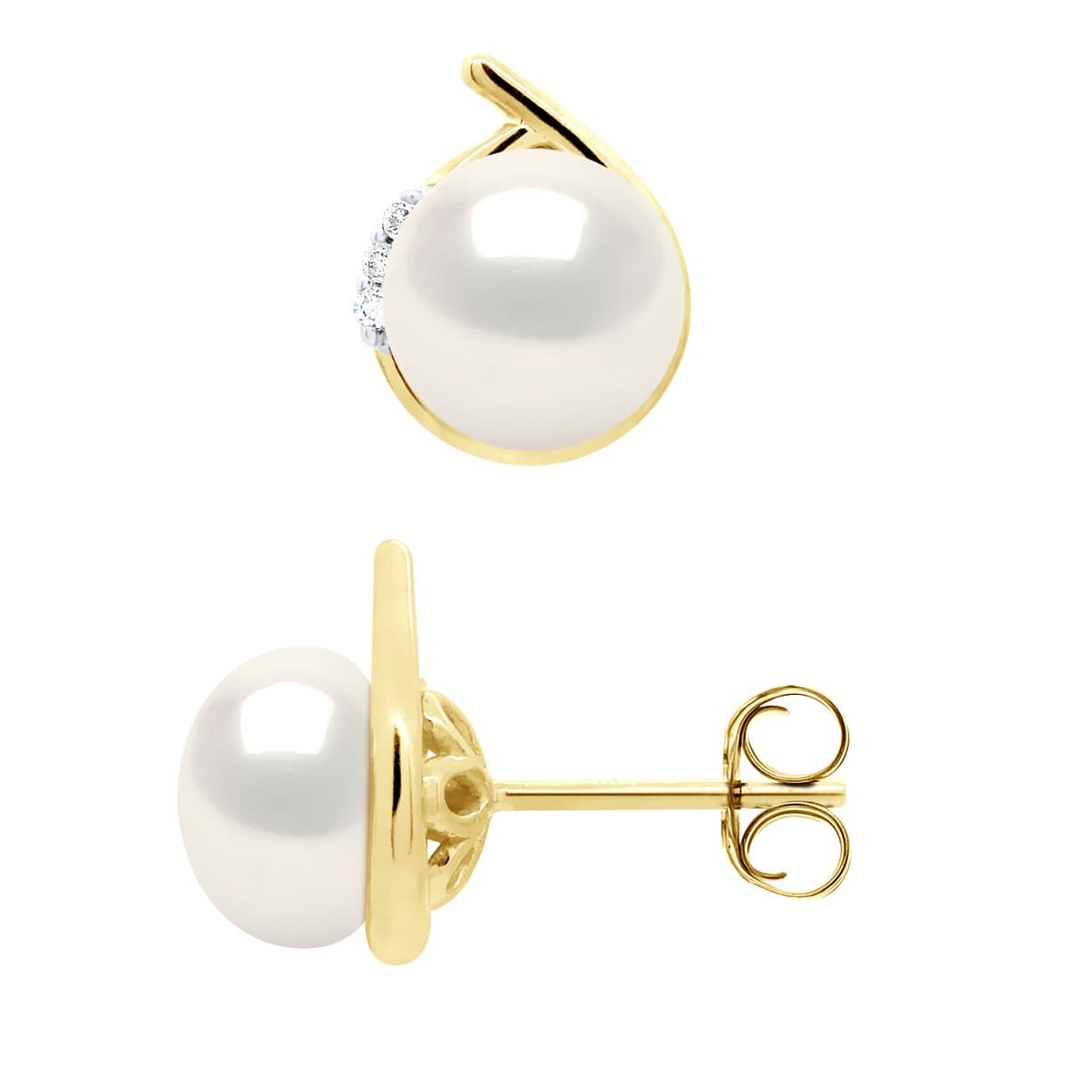 Boucles d'Oreilles Véritables Perles d'Eau Douce 7-8 mm Diamants 0.06 ct — Or Jaune 375 Millièmes 3