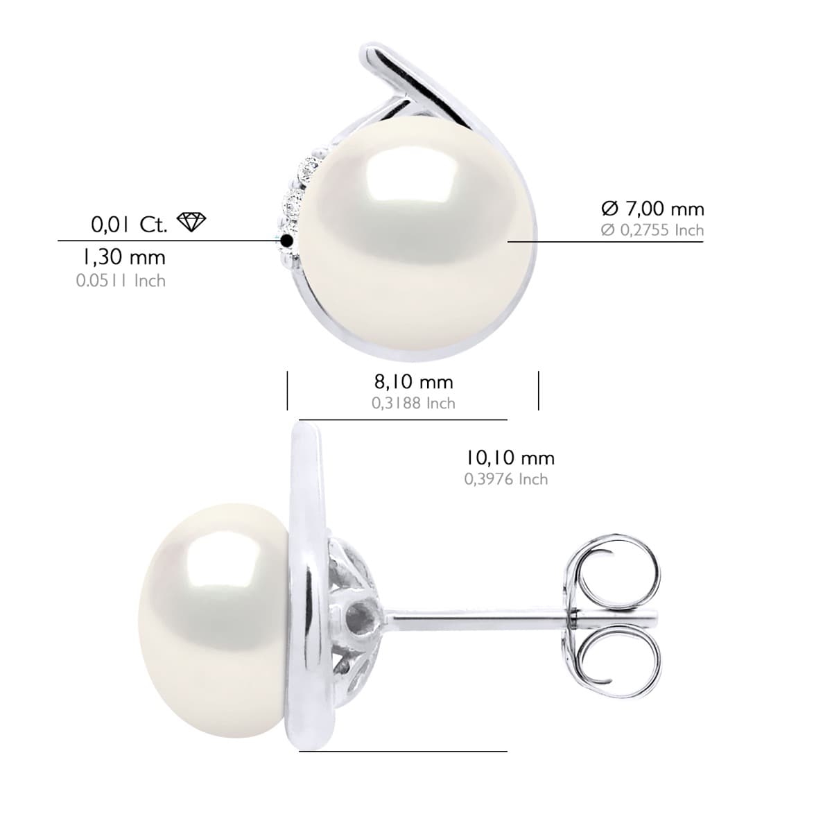 Boucles d'Oreilles Véritables Perles d'Eau Douce 7-8 mm Diamants 0.06 ct — Or Blanc 375 Millièmes 2