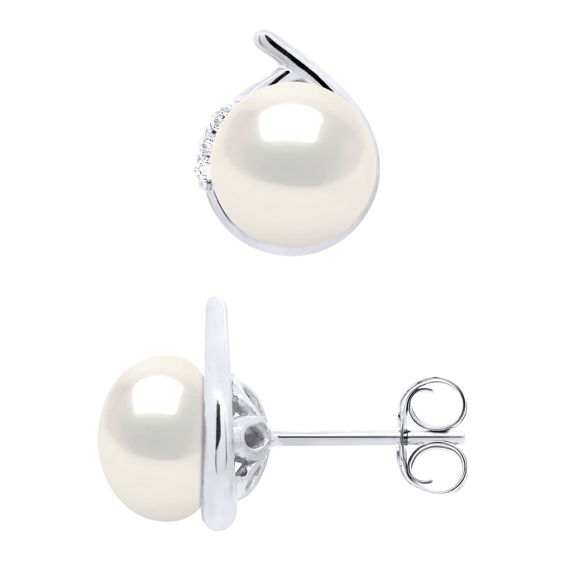 Boucles d'Oreilles Véritables Perles d'Eau Douce 7-8 mm Diamants 0.06 ct — Or Blanc 375 Millièmes 4
