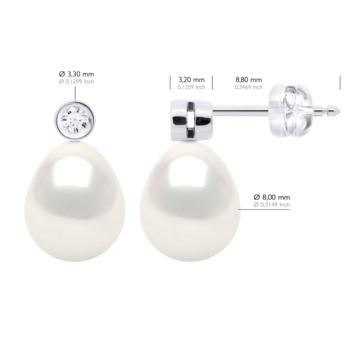 Boucles d'Oreilles Véritables Perles d'Eau Douce 8-9 mm Diamants 0.04 ct — Or Blanc 375 Millièmes 2