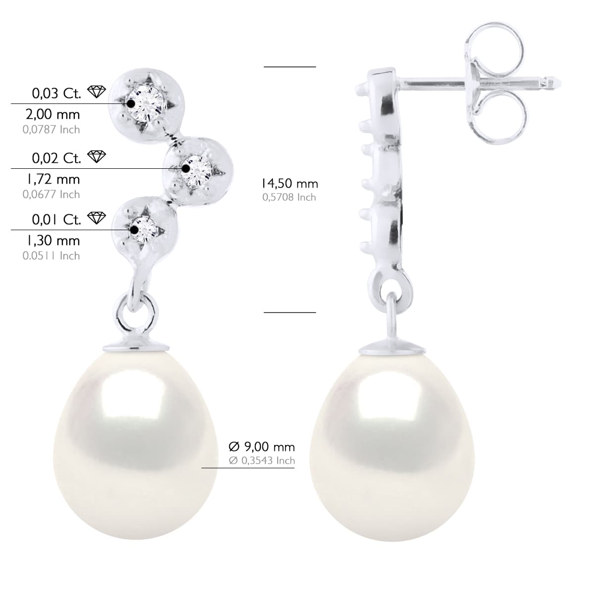 Boucles d'Oreilles Véritables Perles d'Eau Douce 9-10 mm Diamants 0.12 ct — Or Blanc 375 Millièmes 2