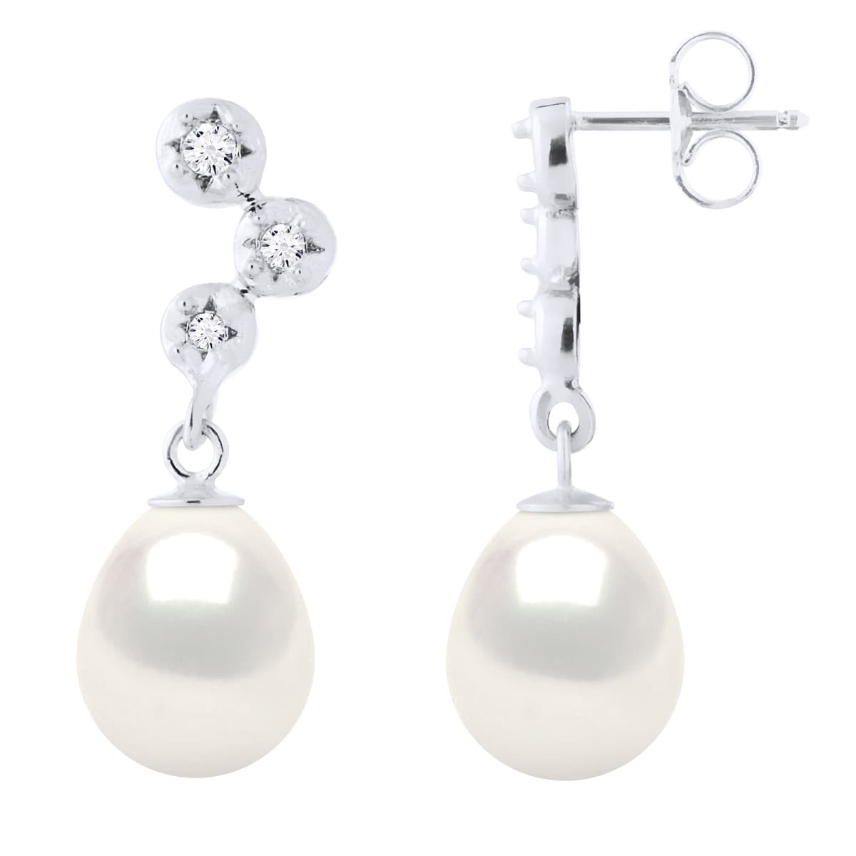 Boucles d'Oreilles Véritables Perles d'Eau Douce 9-10 mm Diamants 0.12 ct — Or Blanc 375 Millièmes 4