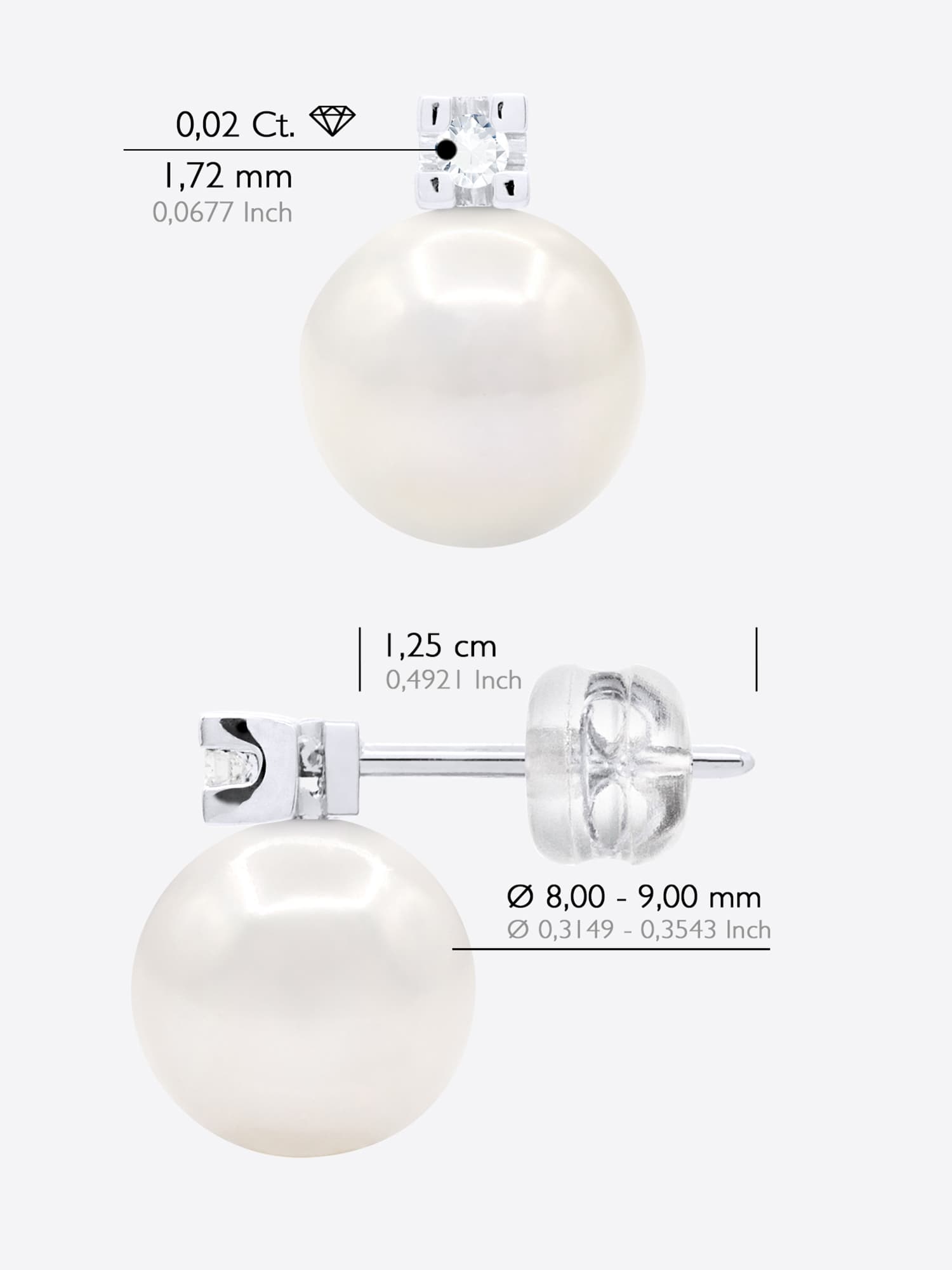 Boucles d'Oreilles Véritables Perles d'Eau Douce 8-9 mm Diamants 0.04 ct — Or Blanc 375 Millièmes 4