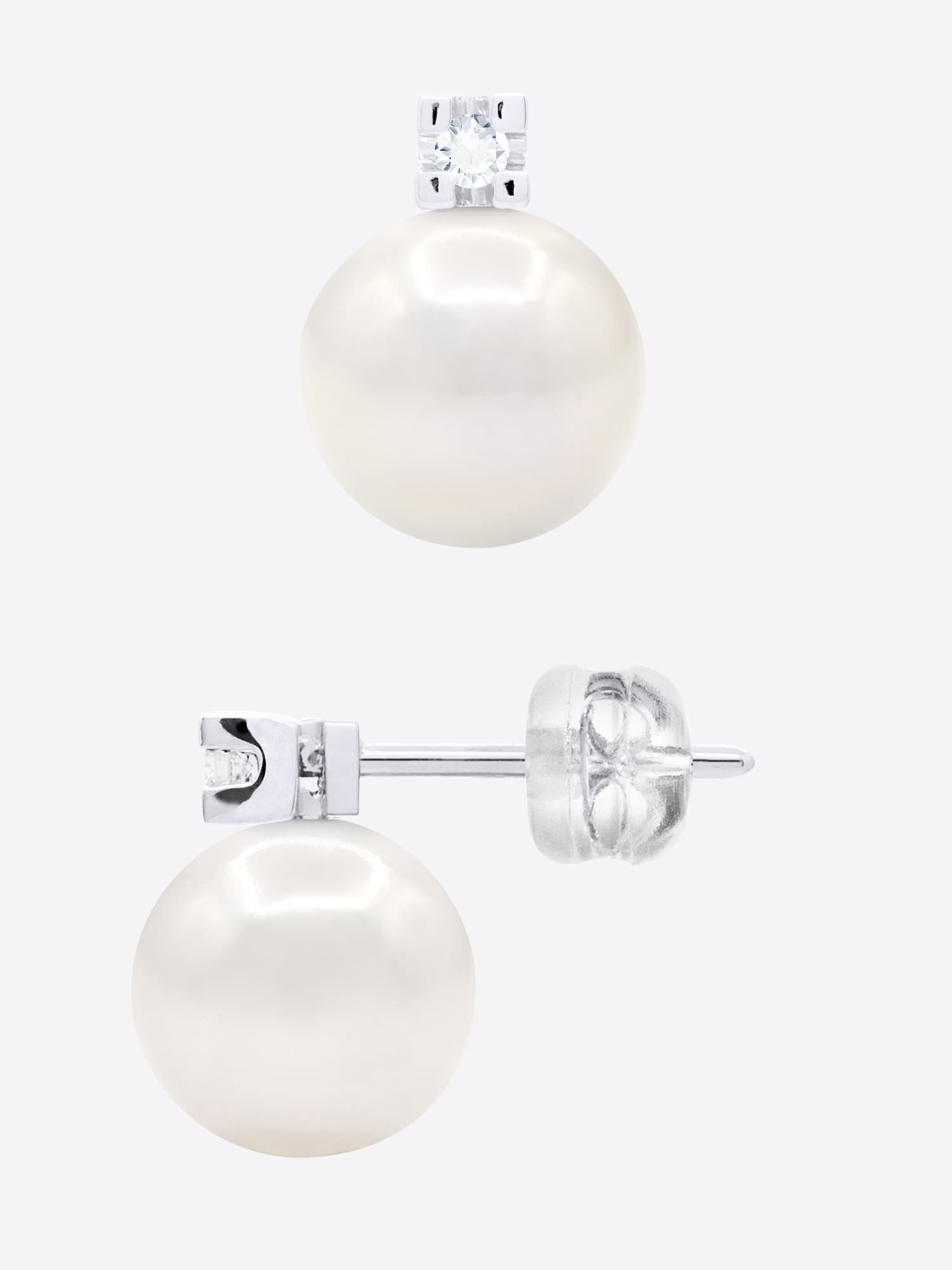 Boucles d'Oreilles Véritables Perles d'Eau Douce 8-9 mm Diamants 0.04 ct — Or Blanc 375 Millièmes 5