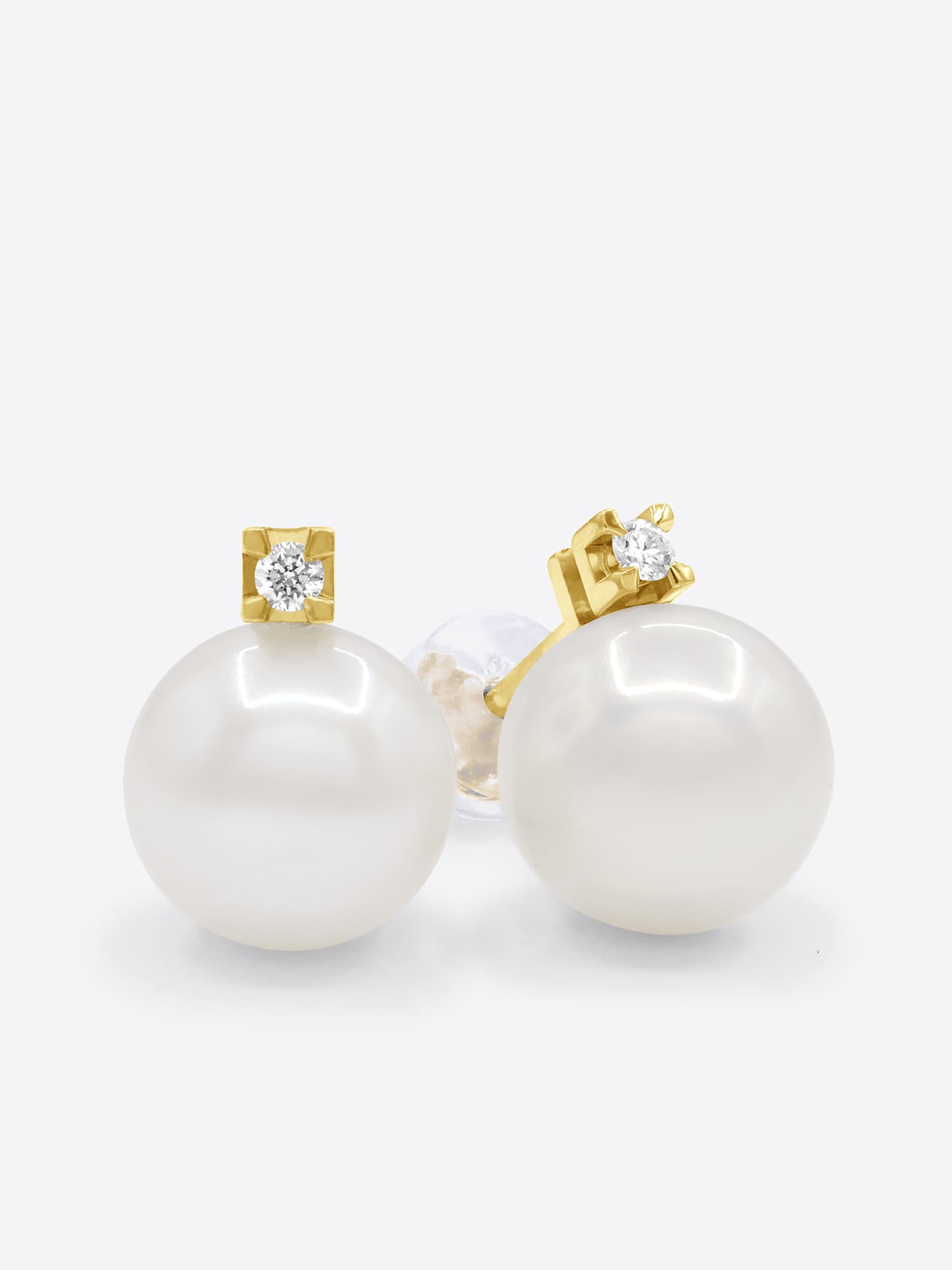 Boucles d'Oreilles Véritables Perles d'Eau Douce 8-9 mm Diamants 0.04 ct — Or Jaune 375 Millièmes 1