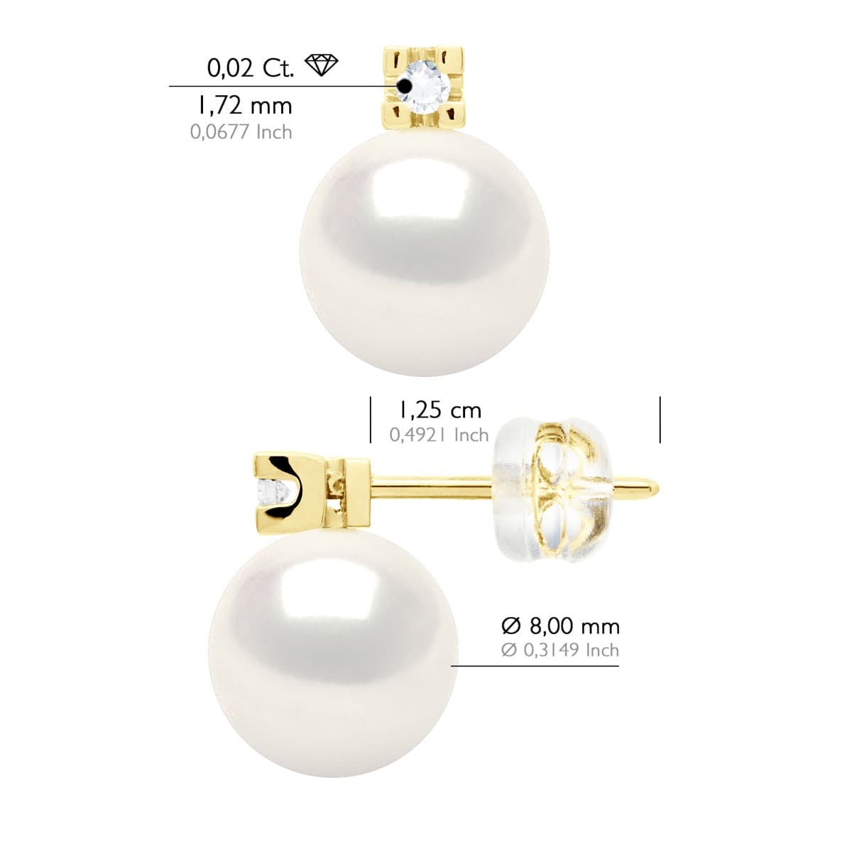 Boucles d'Oreilles Véritables Perles d'Eau Douce 8-9 mm Diamants 0.04 ct — Or Jaune 375 Millièmes 2