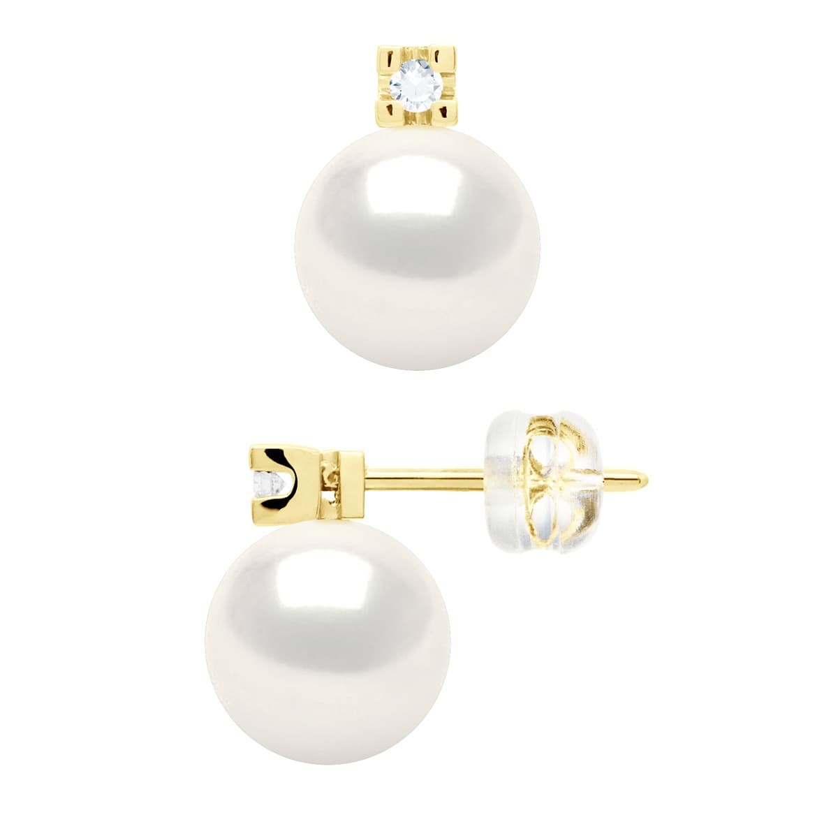 Boucles d'Oreilles Véritables Perles d'Eau Douce 8-9 mm Diamants 0.04 ct — Or Jaune 375 Millièmes 4