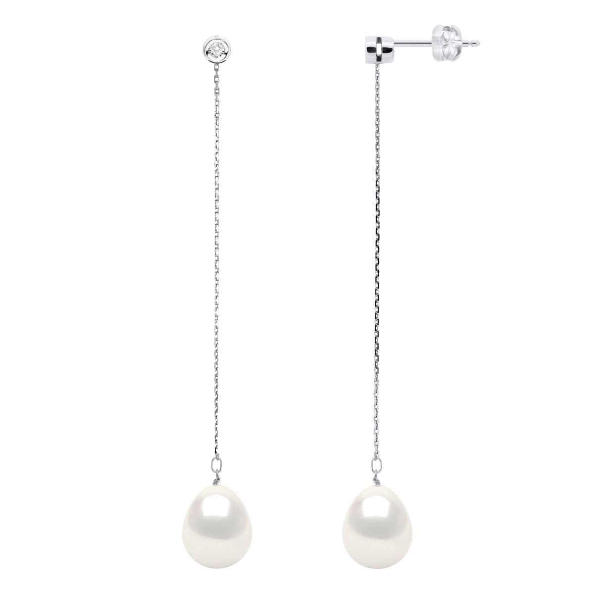 Boucles d'Oreilles Véritables Perles d'Eau Douce 9-10 mm Diamants 0.04 ct — Or Blanc 375 Millièmes 1