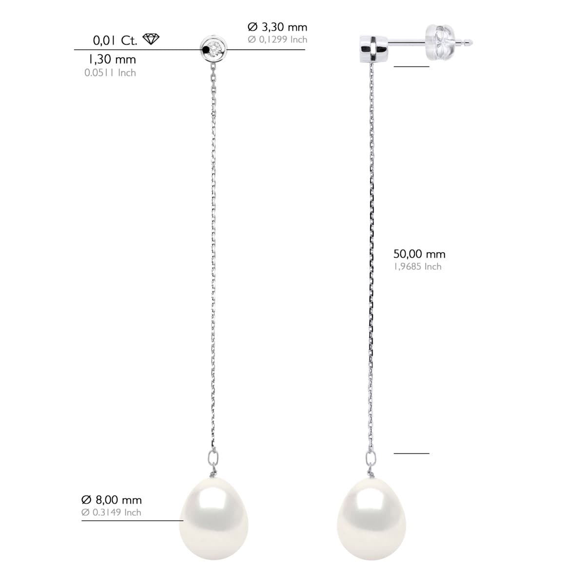 Boucles d'Oreilles Véritables Perles d'Eau Douce 9-10 mm Diamants 0.04 ct — Or Blanc 375 Millièmes 2