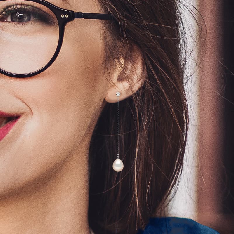 Boucles d'Oreilles Véritables Perles d'Eau Douce 9-10 mm Diamants 0.04 ct — Or Blanc 375 Millièmes 4