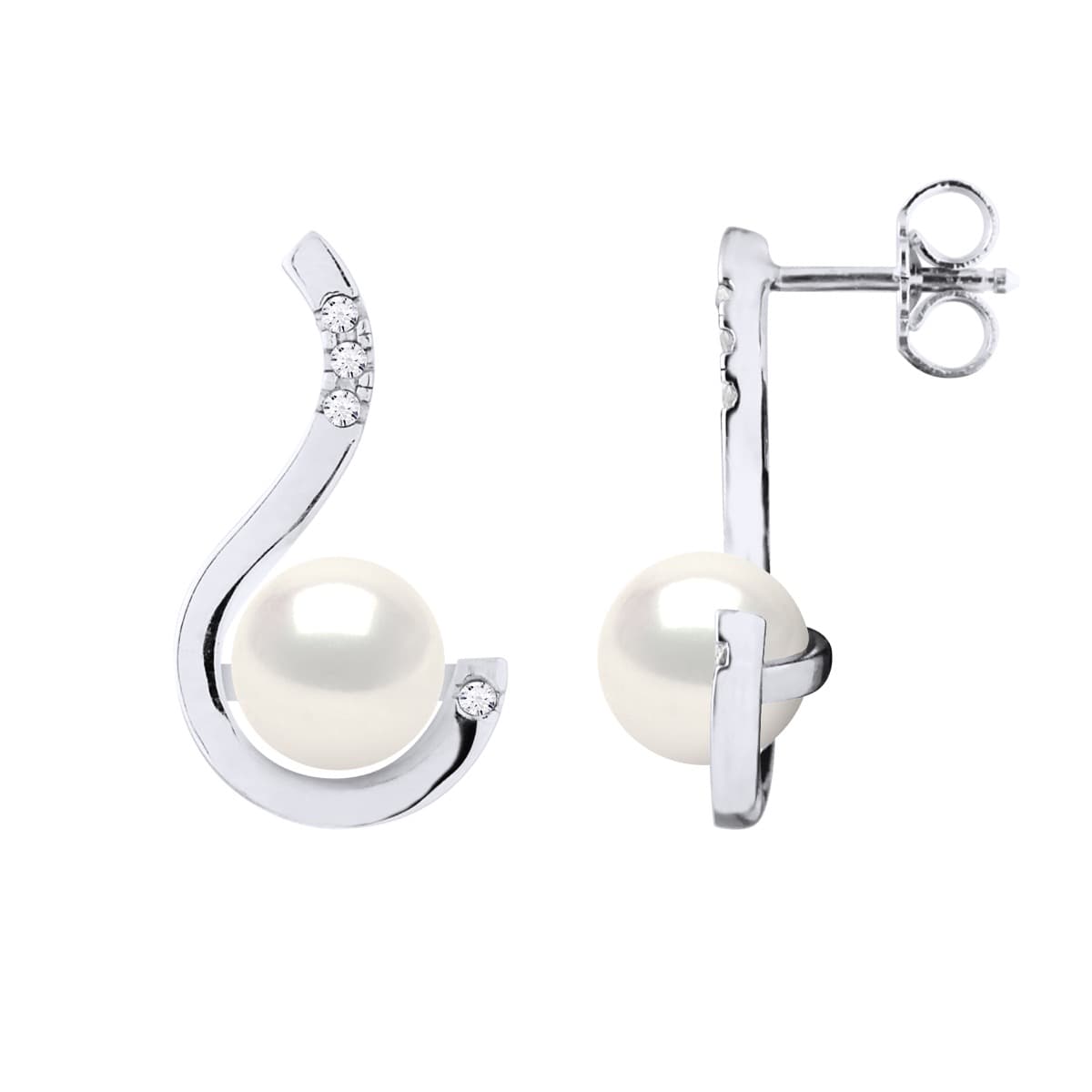 Boucles d'Oreilles Véritables Perles d'Eau Douce 7-8 mm Diamants 0.08 ct — Or Blanc 375 Millièmes 2