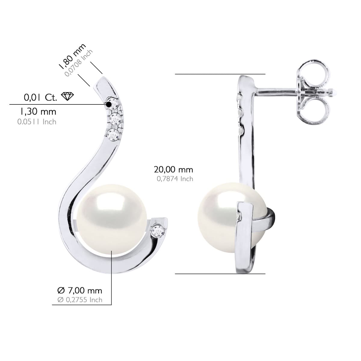 Boucles d'Oreilles Véritables Perles d'Eau Douce 7-8 mm Diamants 0.08 ct — Or Blanc 375 Millièmes 3
