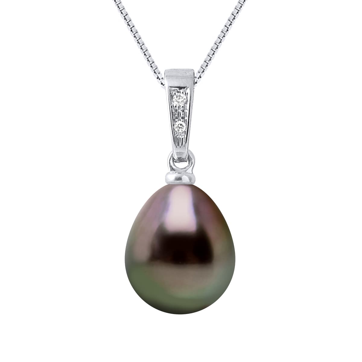 Pendentif Véritable Perle de Tahiti Poire 9-10 mm Diamants 0.01 ct — Or Blanc 375 Millièmes 1