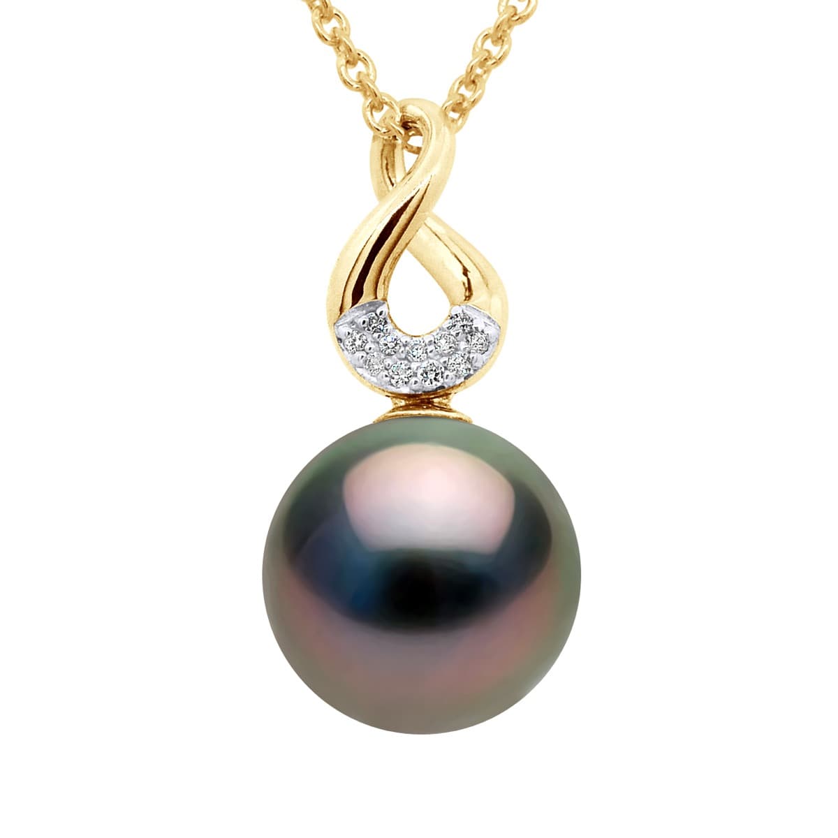 Pendentif Véritable Perle de Tahiti Ronde 9 mm Diamants 0.03 ct — Or Jaune 375 Millièmes 1